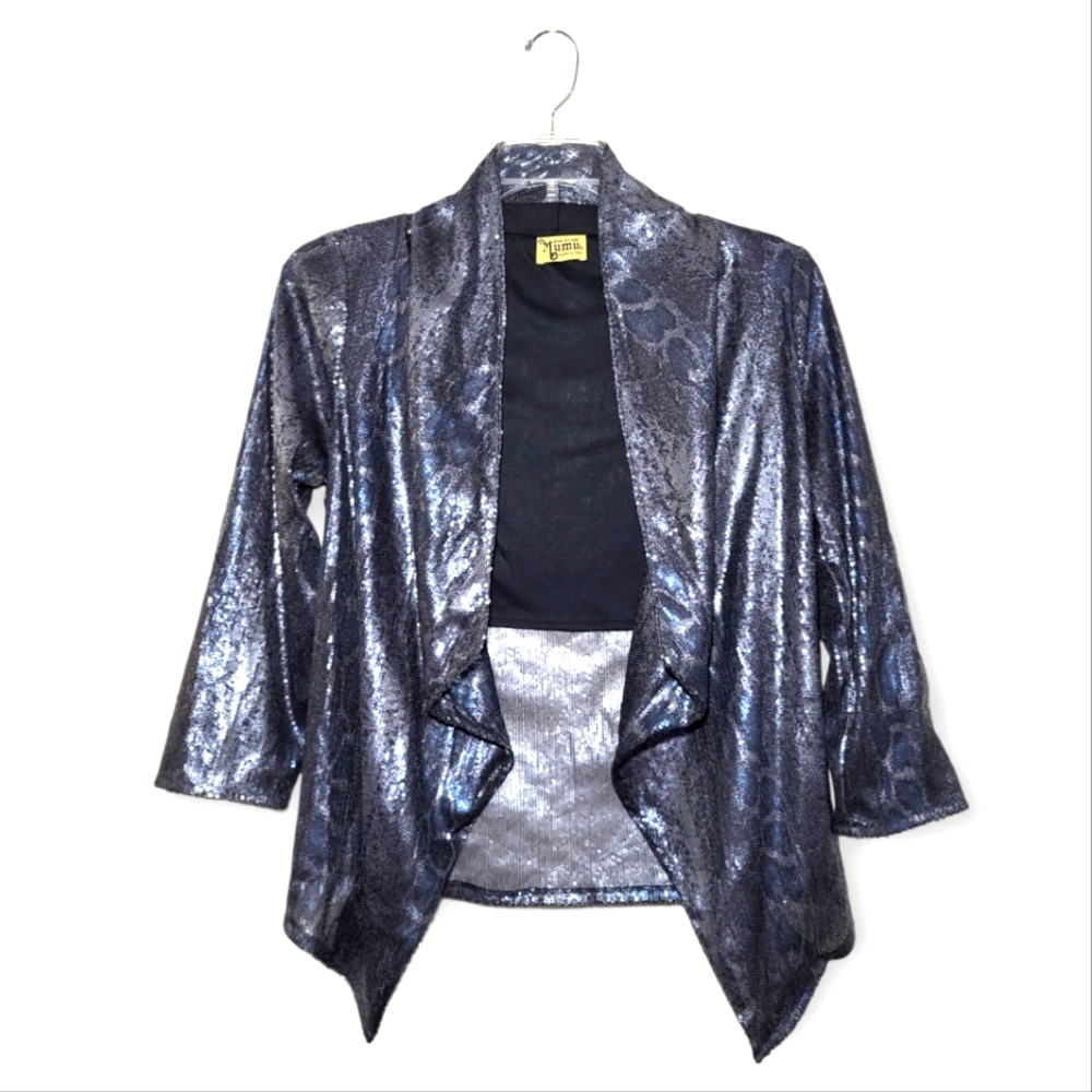 Show Me Your MuMu Sequin Python Print Open Short Jacket Gray Blue
